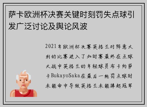 萨卡欧洲杯决赛关键时刻罚失点球引发广泛讨论及舆论风波