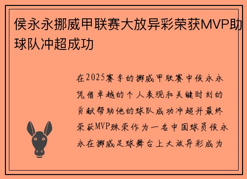侯永永挪威甲联赛大放异彩荣获MVP助球队冲超成功 侯永永挪威甲联赛大放异彩荣获MVP助球队冲超成功
